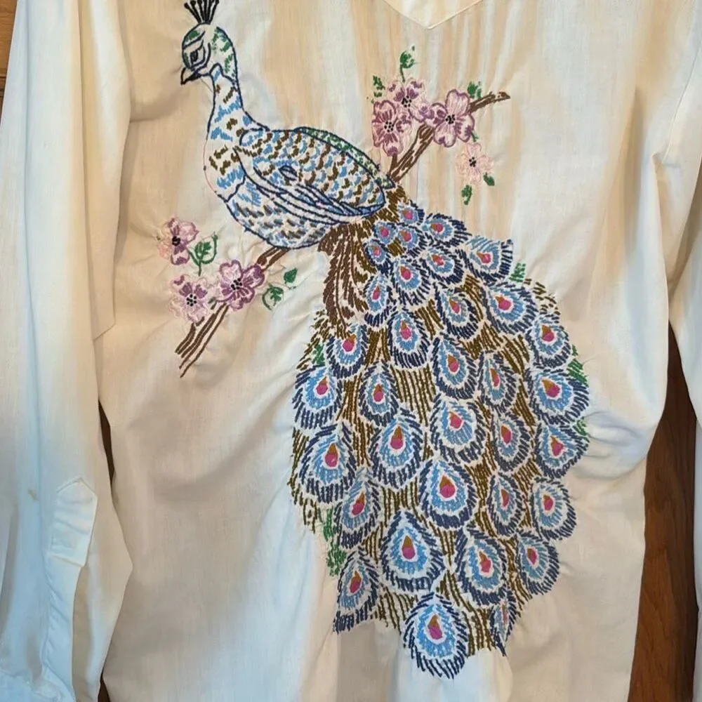 ATA Vintage 70s Authentic Western Pearl Snap Shirt Embroidered Peacock Floral Yo